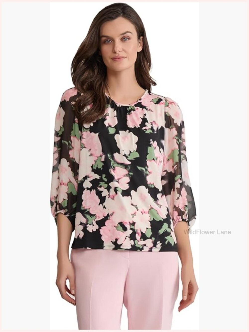 Long Sleeve Printed Chiffon Blouse with Floral Pattern